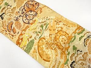 アンティーク　桧扇に古典柄・鶴・草花模様織り出し丸帯（材料）